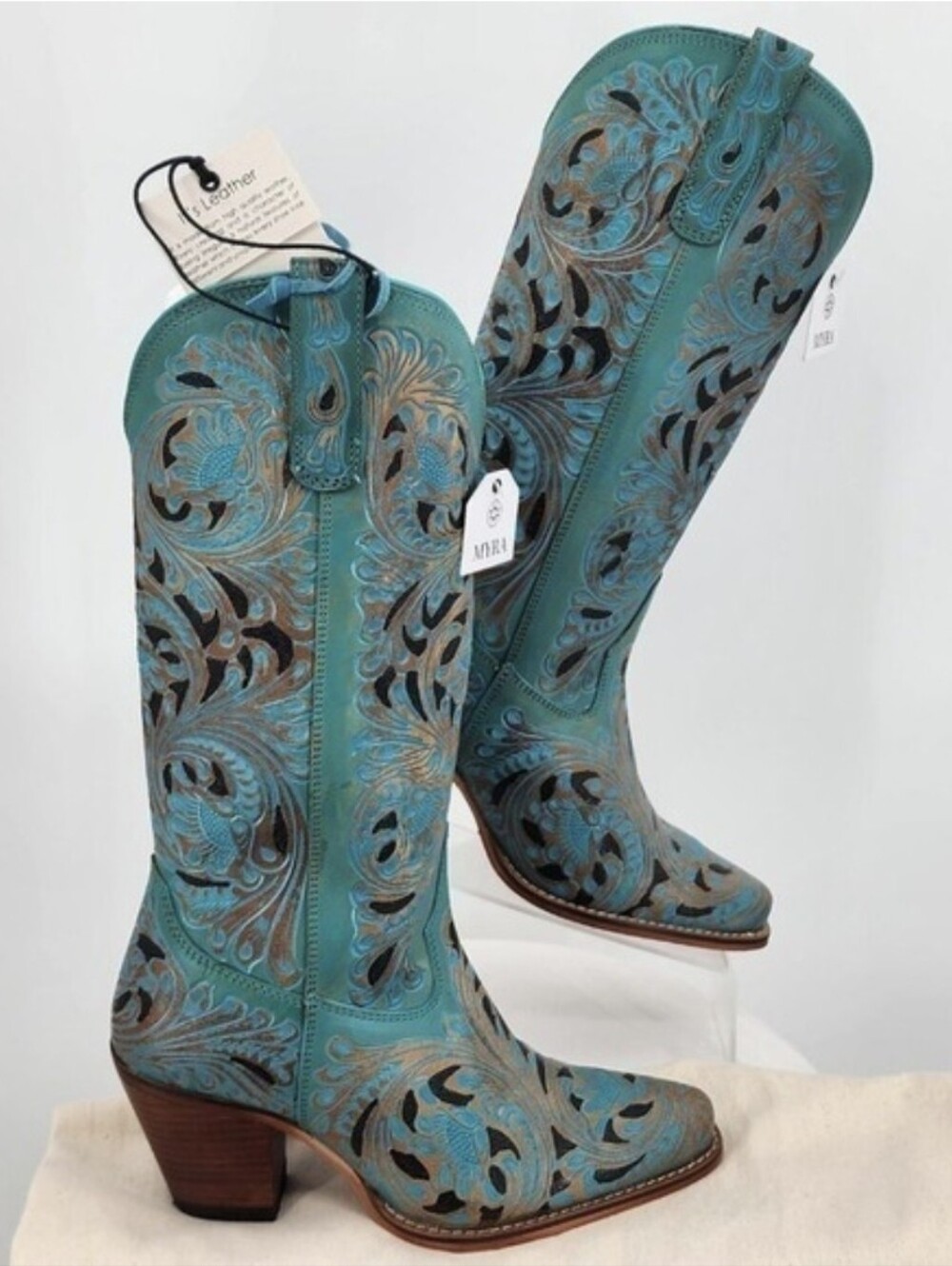 Myra Bag Kasiopeah Turquoise Hand Tooled Leather Western Cowboy Boots Size 9 NWT